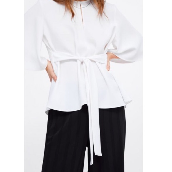 Zara White Keyhole Belted Flutter Sleeve Flowy Blouse with Bow 4043/061 - Picture 5 of 6